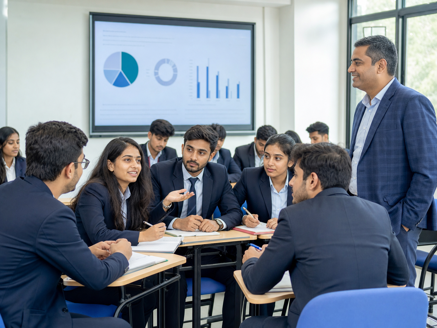 Faculty member guiding an interactive business case discussion